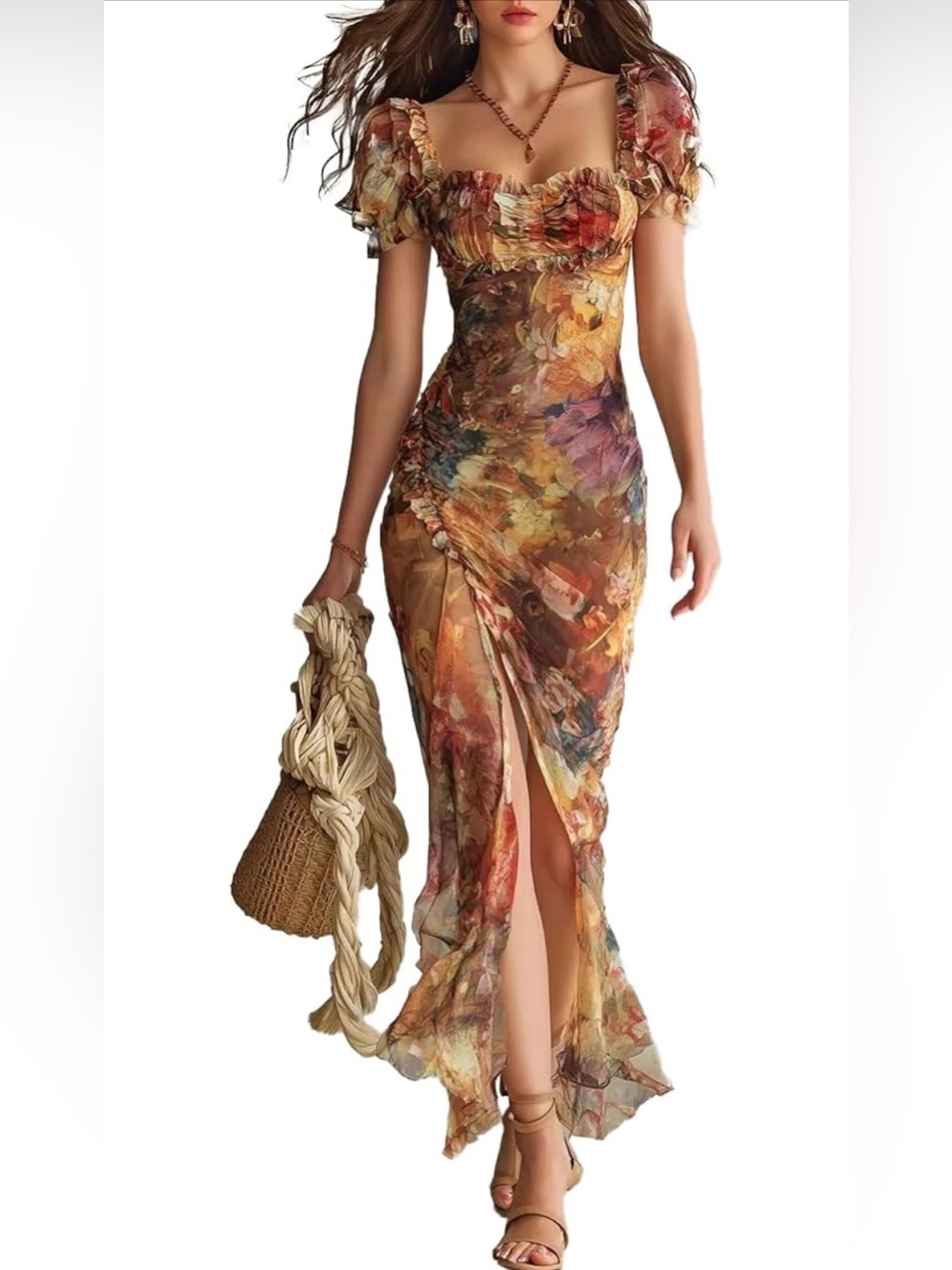 Floral Watercolor Ruched Maxi Dress in Autumn Multi